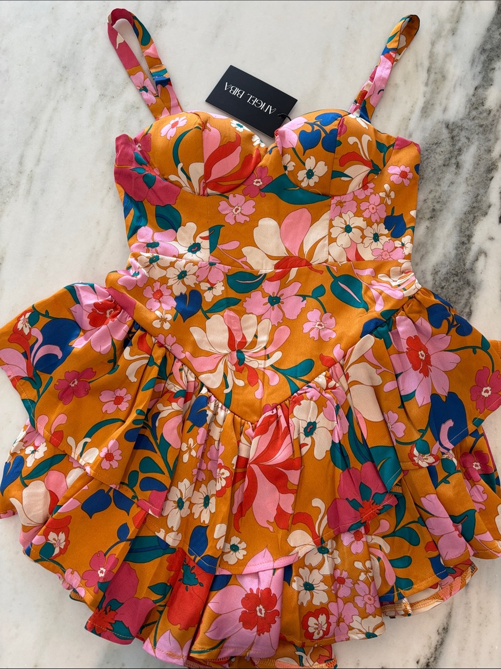 Floral Tiered Mini Romper in Orange & Pink